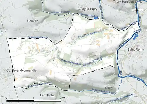Carte en couleur présentant le réseau hydrographique de la commune