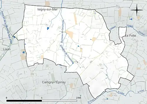 Carte en couleur présentant le réseau hydrographique de la commune