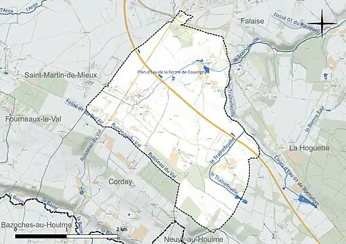 Carte en couleur présentant le réseau hydrographique de la commune