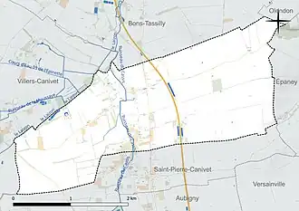 Carte en couleur présentant le réseau hydrographique de la commune