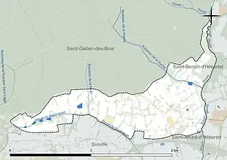 Carte en couleur présentant le réseau hydrographique de la commune