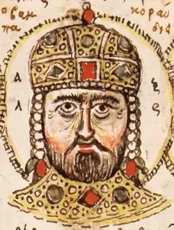 Portrait d'un homme couronné dessiné sur la page d'un manuscrit.