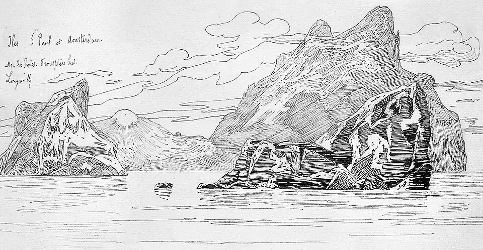 Iles Saint-Paul et Amsterdam, mer des Indes, hémisphère sud, dessin à la plume, 1849