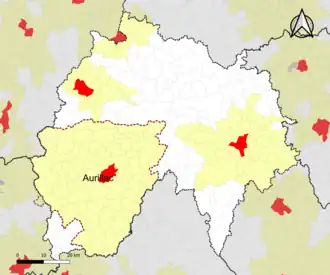 Localisation de l'aire d'attraction d'Aurillac dans le département du Cantal.