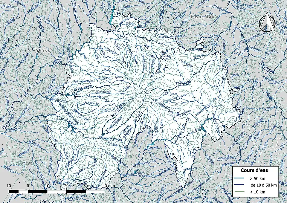 Carte de l'ensemble du réseau hydrographique du Cantal.