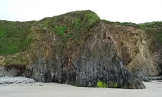 Falaise de Trez Bihan, roches datant du Briovérien redressées à la verticale.