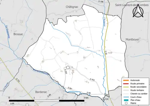 Carte en couleur présentant le réseau hydrographique de la commune