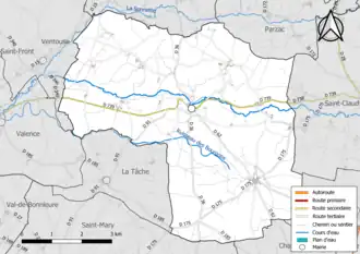 Carte en couleur présentant le réseau hydrographique de la commune