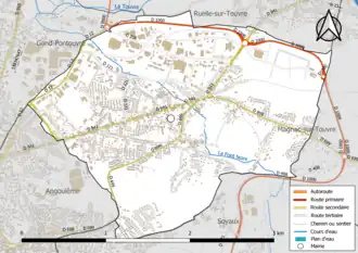 Carte en couleur présentant le réseau hydrographique de la commune