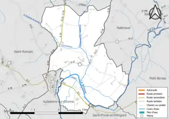 Carte en couleur présentant le réseau hydrographique de la commune