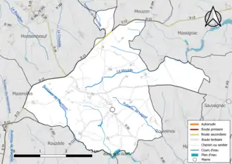 Carte en couleur présentant le réseau hydrographique de la commune