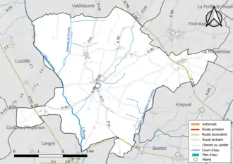 Carte en couleur présentant le réseau hydrographique de la commune