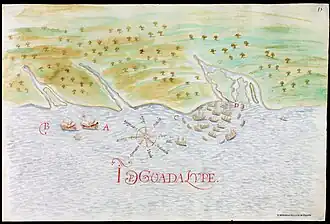 Carte espagnol du XVIIe&nbsp;siècle montrant un fragment côtier de l'île caribéenne de Guadeloupe, Cardona, 1632.