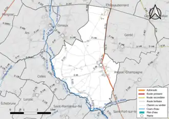 Carte en couleur présentant le réseau hydrographique de la commune