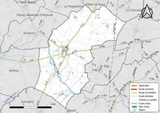 Carte en couleur présentant le réseau hydrographique de la commune