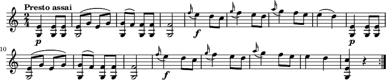 \relative c'' {
\version "2.18.2"
\clef "treble"
\tempo "Presto assai"
\key c \major
\time 2/4
<g, e'>4 \p <g e'>8 <g e'>
<<{e'8^(g e g)} {g,2}>>
<g g'>8 ^(f') <g, f'> <g f'>
<g f'>2
\grace f''16 (e4) \f d8 c
\grace g'16 (f4) e8 d
\grace a'16 (g4) f8 e
e4 (d)
<g,, e'>4 \p <g e'>8 <g e'>
<<{e'8^(g e g)} {g,2}>>
<g g'>8 ^ (f') <g, f'> <g f'>
<g f'>2
\grace f''16 (e4) \f d8 c
\grace g'16 (f4) e8 d
\grace a'16 (g4) f8 e
e4 d
<g,, e' c'>4 r4 \bar ":|."
}