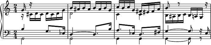 
\new PianoStaff <<
\new Staff {\time 2/4 <<\relative c''{g16 r s8 s4 b16 ais b ais b ais b g c b c g fis eis fis a b8 r b,16 a g r} \\ \relative c'{r16 cis d cis d cis d g d2 c4 c b16 ais b c s4}>>}
\new Staff {\clef bass <<\relative c'{b4 g8. es16 d4~ d8. b'16 a8. es16 d8. fis16 g4~ g8 r16 e} \\ \relative c {g2 g g4 g g~ g8 r}>>}
>>

  \midi { }
