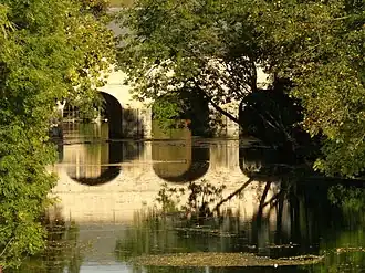 Pont et son reflet dans l'eau au milieu des arbres.