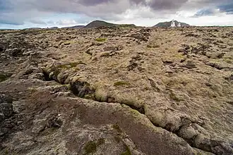 Champ de lave de l'Arnarseturshraun avec la centrale géothermique de Svartsengi en arrière plan.