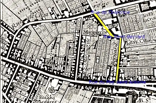 La rue Saint-Bernard en 1730 (plan de Roussel), entre la rue de Charonne, en-haut, et la rue du Faubourg-Saint-Antoine, en-bas.