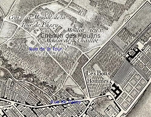 Le chemin des Moulins sur le plan de Roussel de 1730.