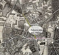 La rue Compans (en jaune) sur le plan de Roussel (1730).