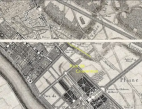 La rue de la Lancette (en jaune) au dessus de la rue de Charenton (plan de Roussel, 1730).