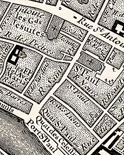 La rue, alors appelée rue des Prêtres, en 1730 (plan de Roussel).