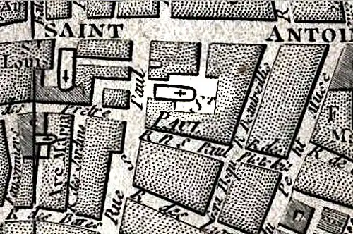 Église Saint-Paul-des-Champs en 1787 (pastille claire) sur plan de Brion de la Tour ; cette ancienne église faisait face à la rue Eginhard toujours présente.