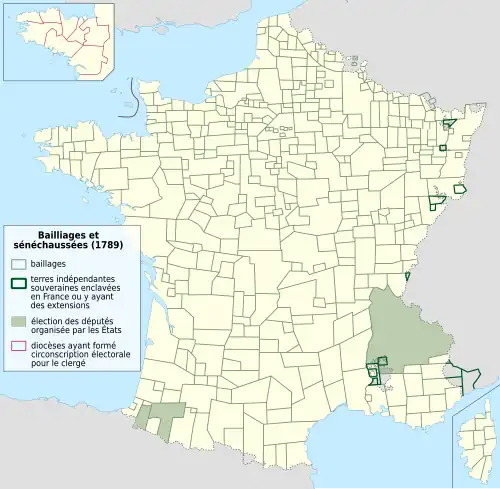 Carte représentant avec différents traits et couleurs les limites des bailliages et sénéchaussées et leur statut