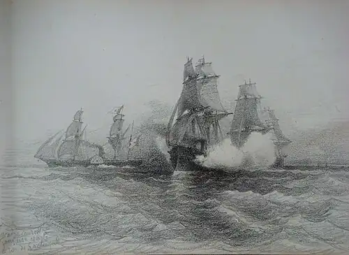 L’escadre cuirassée française escorte le roi du Portugal, dessin au fusain