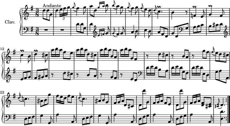 
\version "2.18.2"
\header {
  tagline = ##f
  % composer = "Domenico Scarlatti"
  % opus = "K. 210"
  % meter = "Andante"
}

%% les petites notes
trillCp      = { \tag #'print { c4.\prall } \tag #'midi { d32 c d c~ c4 } }
trillCUp     = { \tag #'print { c'4\prall } \tag #'midi { d32 c d c~ c8 } }
trillG       = { \tag #'print { g4\prall } \tag #'midi { a32 g a g~ g8 } }
trillF       = { \tag #'print { f4\prall } \tag #'midi { g32 f g f~ f8 } }
trillD       = { \tag #'print { d4\prall } \tag #'midi { e32 d e d~ d8 } }

upper = \relative c'' {
  \clef treble 
  \key g \major
  \time 3/8
  \tempo 4. = 50
  \set Staff.midiInstrument = #"harpsichord"
  \override TupletBracket.bracket-visibility = ##f

\repeat volta 2 {
      s8*0^\markup{Andante}
      d8 d g, | d'4 \times 2/3 { e16[ fis g] } | \appoggiatura g8 fis4 g8 | a8 d, \grace {   \tempo 4. = 30 g16 a }   \tempo 4. = 50 b8 | \appoggiatura b8 a4 g8 | \appoggiatura g8 fis4 g8 | \appoggiatura fis8 e4 d8 |
      % ms. 8
      \appoggiatura d8 \trillCp | b4 r8 | \trillF e8 | \trillG fis8 | \trillCUp b8 | \trillD cis8 |   \omit TupletNumber \times 2/3 { a'16[ b a] } fis8 e |
      % ms. 15
      \times 2/3 { a16[ b a] } d,8 cis |  \times 2/3 { a'16[ b a] } b,8 a | \times 2/3 { a'16[ b a] } g,8 fis | r8 d'8 cis | r8 b8 a | r8 g'8 fis
      % ms. 21
      \appoggiatura fis16 e8 d cis| \appoggiatura d16 c!4. | ais8 b g' | \times 2/3 { fis16[ e d] } fis8 e | \appoggiatura d16 c4. | ais8 b g | \times 2/3 { fis16[ g a] } d,8 cis | d8 d'' g,, | \times 2/3 { fis16[ g a] } fis8 e | d8 d'' g,, | \times 2/3 { fis16[ g a] } < d, fis >8 < cis e > |   \tempo 4. = 25 \appoggiatura < cis e >8   \tempo 4. = 40 d4. \tempo 4. = 50 \bar ":|." 
} % reprise
}

lower = \relative c' {
  \clef bass
  \key g \major
  \time 3/8
  \set Staff.midiInstrument = #"harpsichord"
  \override TupletBracket.bracket-visibility = ##f
  \omit TupletNumber

\repeat volta 2 {
    % **************************************
      R4.*2 | d8 d g, | d'4     \clef treble  \grace { e16 f } g8 | \appoggiatura g8 fis4 g8 | a4 b8 | c4 b8 |
      % ms. 8
      a8 fis d | g d    \clef bass  g, | a b c | b cis d |   \clef treble e8 fis g | fis gis a | r8 d cis |
      % ms. 15
      r8 b a | r8 g fis | r8 e d |  \clef bass   \times 2/3 { d16[ e d] } b8 a | \times 2/3 { d16[ e d] } g,8 fis | \times 2/3 { d'16[ e d] } e,8 d | 
      % ms. 
      g8 a a, | \repeat unfold 2 { d e fis | g4 g,8 | a'4 a,8 } | \repeat unfold 2 { d8 fis g | a4 a,8 } | < d d' >4. |
}%reprise

}

thePianoStaff = \new PianoStaff <<
    \set PianoStaff.instrumentName = #"Clav."
    \new Staff = "upper" \upper
    \new Staff = "lower" \lower
  >>

\score {
  \keepWithTag #'print \thePianoStaff
  \layout {
      #(layout-set-staff-size 17)
    \context {
      \Score
     \override SpacingSpanner.common-shortest-duration = #(ly:make-moment 1/2)
      \remove "Metronome_mark_engraver"
    }
  }
}

\score {
  \unfoldRepeats
  \keepWithTag #'midi \thePianoStaff
  \midi { }
}
