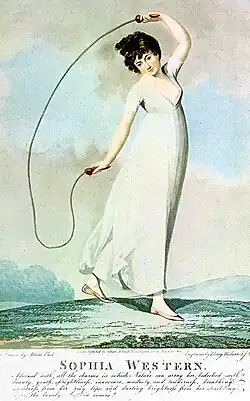 Jeune femme élancée en robe blanche, jouant comme sur les flots avec une corde à sauter sur fond vaporeux.