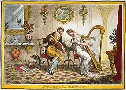 L'amoureux courtise sa belle, qui joue avec passion de la harpe, en chantant avec elle