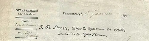 En-tête de lettre du 18 janvier 1808 signée du préfet du département des Forêts Lacoste
