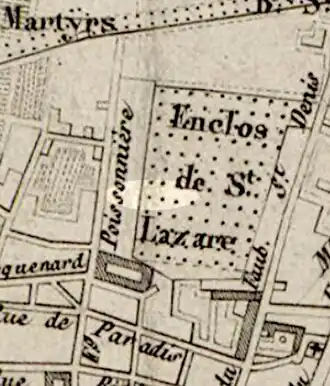 Emplacement (pastille claire) de la future rue de Belzunce sur le plan de L.A. Baratte de 1814.