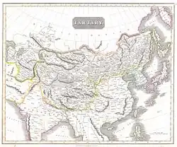 1814. Carte de John Thomson représentant la tartarie chinoise entourée de jaune et la Chine.