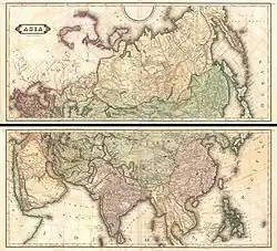 1820. Carte de Daniel Lizars, dans l'Atlas historique et géographique d’Édimbourg, représentant l'Empire chinois, avec la Chine en rose, et la Mongolie et le Tibet en vert au sein de l'Empire.