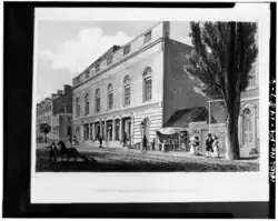 Description de l'image 1831 engraving by Fenner, Sears and Company, Philadelphia. After drawing by Charles Burton (see HABS No. PA-1487-7); probably not published until circa 1840-45. - Walnut Street HABS PA,51-PHILA,605-6.tif.