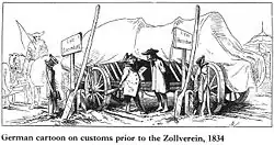 Un chariot se trouve entre deux barrières douanières. Les deux douaniers s'observent attentivement. Deux panneaux indiquent de chaque côté "Lippe Schaumburg", montrant le ridicule de la situation.