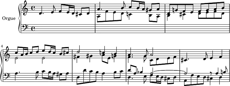 \version "2.18.2"
\header {
tagline = ##f
}
upper = \relative c' {
\clef treble
\key c \major
\time 4/4
\tempo 4 = 70
\tempo "Presto"
\set Staff.midiInstrument = #"recorder"
%%% Dopo l'Epistola (Canzon)
d4. e8 f8 e16 d cis8 d
<< { a'4. b8 c8 b16 a gis8 a } \\ { a,8 f' e d c!4 b8 a } >>
<< { d8 g! f e f g a b } \\ { b,4 cis d8 e f d } >>
%% ms 4
<< { c'8 a16 b c8 d e d16 c b8 cis } \\ { e,2 e } >>
<< { d'2 c!4 b } \\ { fis4 gis a8 e g!4 } >>
<< { a4. g8 a2 } \\ { f4. g8 c, d e f } >>
cis4. d8 e4 f
}
lower = \relative c {
\clef bass
\key c \major
\time 4/4
\set Staff.midiInstrument = #"recorder"
s1*3 a'4. b8 c8 b16 a gis8 a d, d' c b a4 b8 c
<< { d8 a bes4 a2~ } \\ { d,4. e8 f8 e16 d cis8 d } >>
<< { a'2 r8 a4 b!8 } \\ { a,8 f' e d cis4 d } >>
}
\score {
\new PianoStaff <<
\set PianoStaff.instrumentName = #"Orgue"
\new Staff = "upper" \upper
\new Staff = "lower" \lower
>>
\layout {
\context {
\Score
\remove "Metronome_mark_engraver"
}
}
\midi { }
}