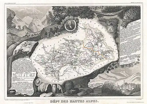 Carte ancienne comprenant sur son pourtour des dessins illustrant les caractéristiques du département.