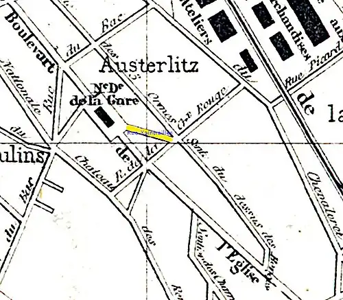 La rue (en jaune) sur le plan d'Eugène Lanée (Paris, 1861).