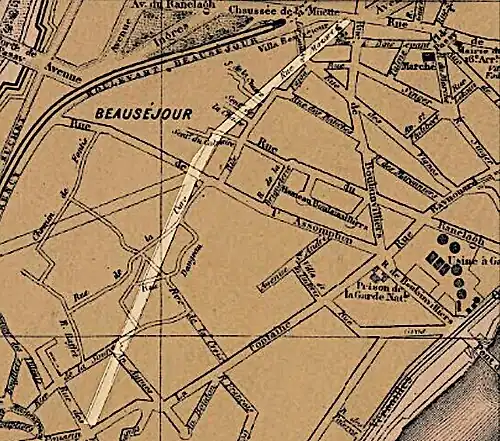 Le projet de la rue Mozart sur le plan d'Edmond Dumas-Vorzet (1869).