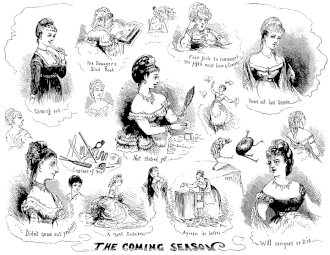 Plusieurs petites vignettes de taille différente, chacune représentant une dame occupée à sa toilette ou quelques objets emblématiques, avec une petite légende explicative