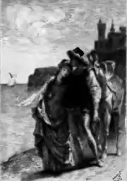 Dessin en noir et blanc d'un couple enlacé sur une plage.