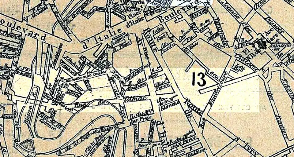 La rue Tolbiac, encore partielle, sur le plan de A. Martin de 1878.