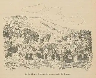 Gravure montrant une abbaye partiellement ruinée et recouverte de végétation.