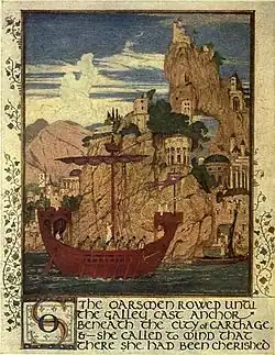 Peinture en couleur d'un voilier rouge devant une falaise fortifiée de tours.