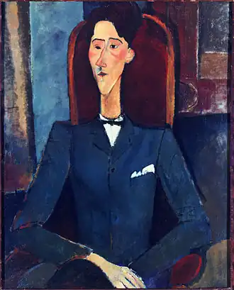 Peinture à mi-corps d'un homme aux traits aigus, assis en costume bleu